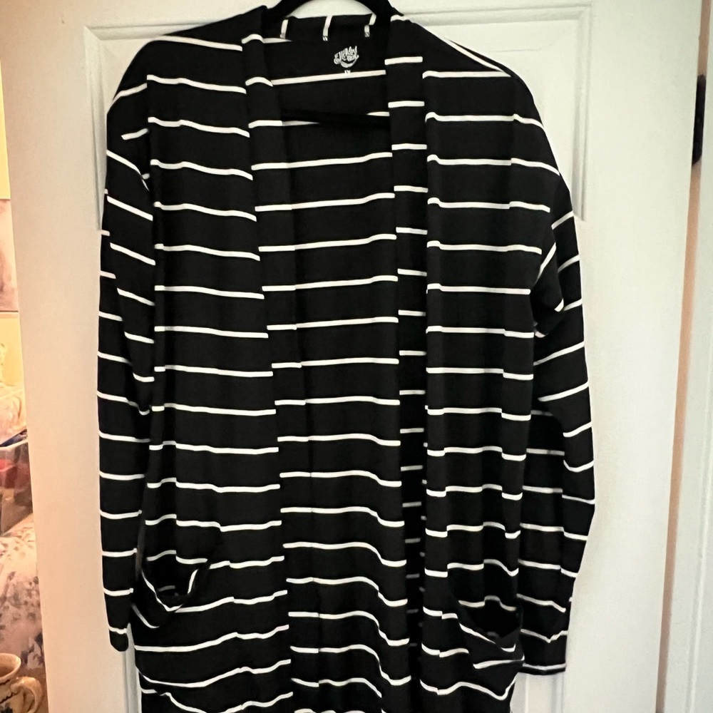 Ticked Teal Striped Long Sleeve Pocket Cardigan